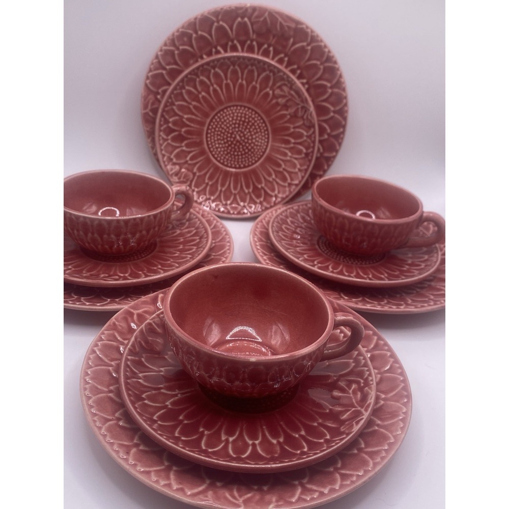 Antique Tea Cup & Saucer Lot  Majolica Pink Leaf With Extra Plates Made In Japan